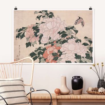 Plakat - Katsushika Hokusai - Różowe piwonie z motylem