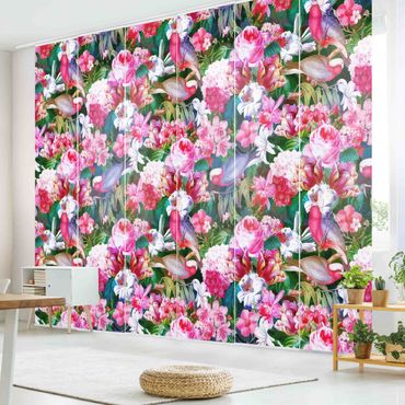 Zasłony panelowe zestaw - Kolorowe kwiaty tropikalne z ptakami Różowy