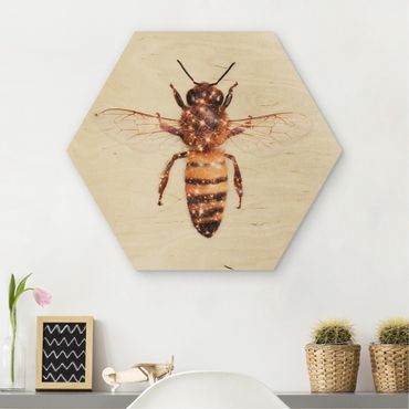Obraz heksagonalny z drewna - pszczoła z brokatem