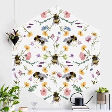 Sześciokątna tapeta samoprzylepna - Pszczoły z kwiatami
