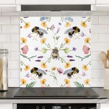 Panel kuchenny - Bees With Flowers - Kwadrat 1:1
