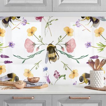 Panel ścienny do kuchni - Pszczoły z kwiatami