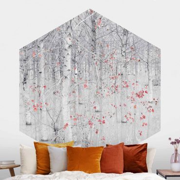 Sześciokątna tapeta samoprzylepna - Las brzozowy z różowymi liśćmi