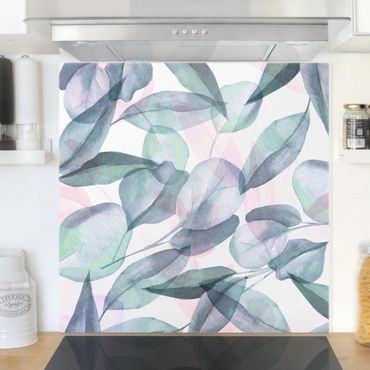 Panel szklany do kuchni - Niebieskie i różowe liście eukaliptusa akwarelowe