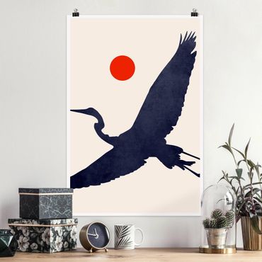 Plakat - Niebieski żuraw na tle czerwonego słońca