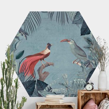 Sześciokątna tapeta samoprzylepna - Błękitnoszary raj z tropikalnymi ptakami