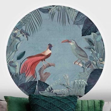 Okrągła tapeta samoprzylepna - Błękitnoszary raj z tropikalnymi ptakami