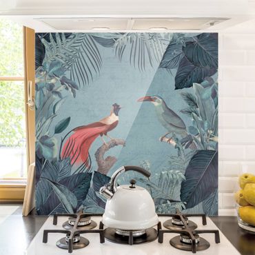 Panel szklany do kuchni - Błękitnoszary raj z tropikalnymi ptakami
