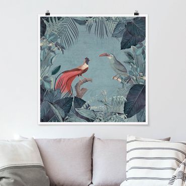 Plakat - Błękitnoszary raj z tropikalnymi ptakami