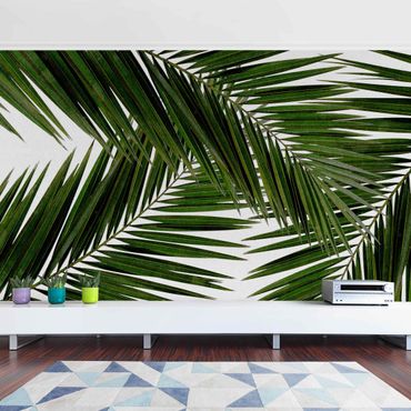 Fototapeta - Widok przez zielone liście palmy