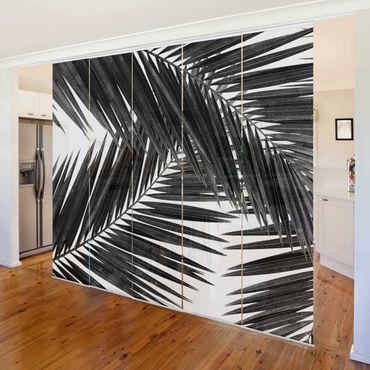 Zasłony panelowe zestaw - Widok na liście palmy, czarno-biały