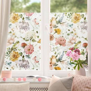Folia okienna - Kwiaty z ptasim wzorem