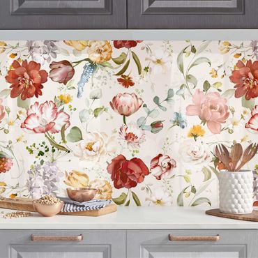 Panel ścienny do kuchni - Flowers Watercolour Vintage Pattern on Beige