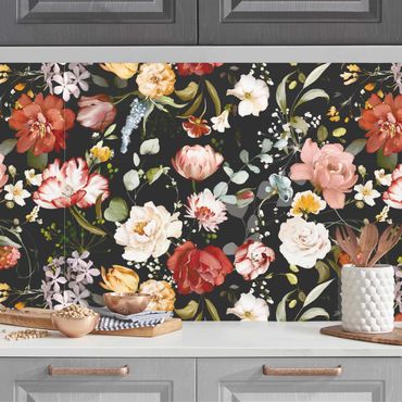 Panel ścienny do kuchni - Flowers Watercolour Vintage Pattern on Black