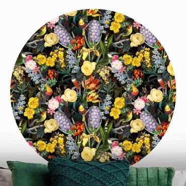 Okrągła tapeta samoprzylepna - Kwiaty z ptakami tropikalnymi Kolorowe