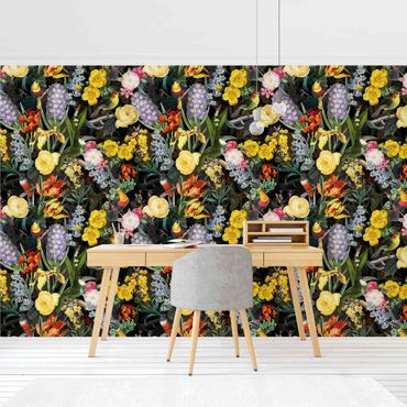 Tapeta - Kwiaty z ptakami tropikalnymi Kolorowe