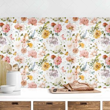 Panel ścienny do kuchni - Flowers and Birds Watercolour Pattern