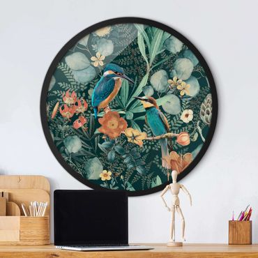Okrągły obraz w ramie - Floral Paradise Kingfisher And Hummingbird