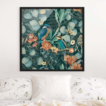 Plakat w ramie - Kwiatowy raj Zimorodek i koliber