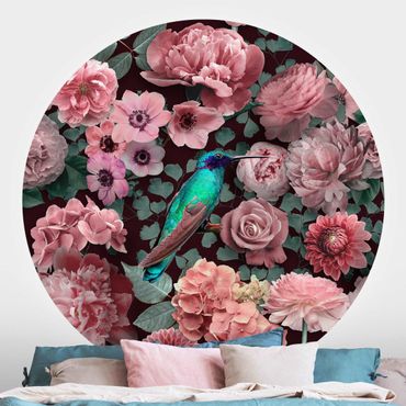 Okrągła tapeta samoprzylepna - Kwiatowy raj Koliber z różami