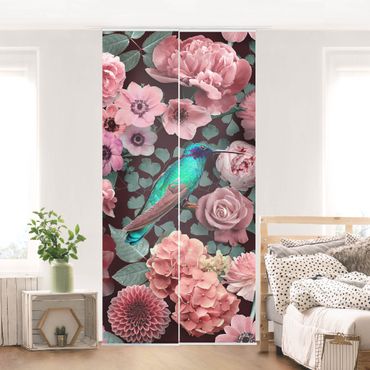 Zasłony panelowe zestaw - Kwiatowy raj Koliber z różami