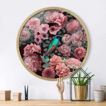 Okrągły obraz w ramie - Floral Paradise Hummingbird With Roses