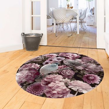 Okrągły dywan winylowy - Kwiatowy raj wróbli w kolorze starego różu