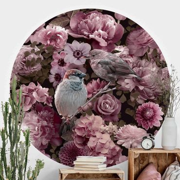 Okrągła tapeta samoprzylepna - Kwiatowy raj wróbli w kolorze starego różu