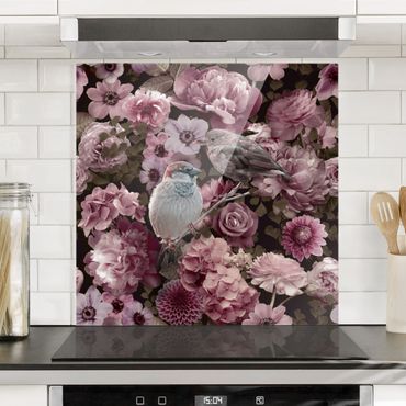 Panel szklany do kuchni - Kwiatowy raj wróbli w kolorze starego różu