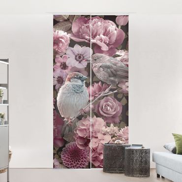 Zasłony panelowe zestaw - Kwiatowy raj wróbli w kolorze starego różu