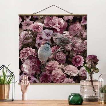 Plakat z wieszakiem - Kwiatowy raj wróbli w kolorze starego różu