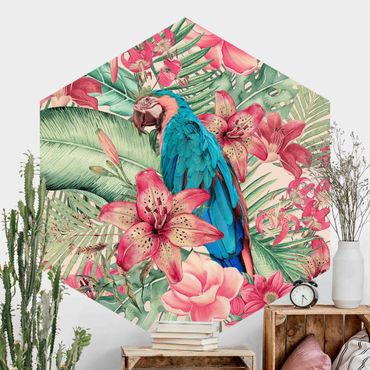 Sześciokątna tapeta samoprzylepna - Kwiatowy Raj Papuga tropikalna