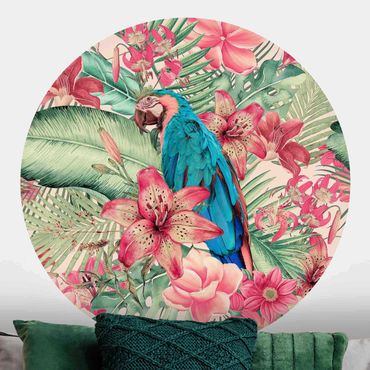 Okrągła tapeta samoprzylepna - Kwiatowy Raj Papuga tropikalna
