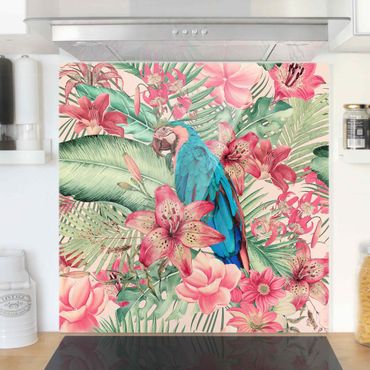 Panel szklany do kuchni - Kwiatowy Raj Papuga tropikalna
