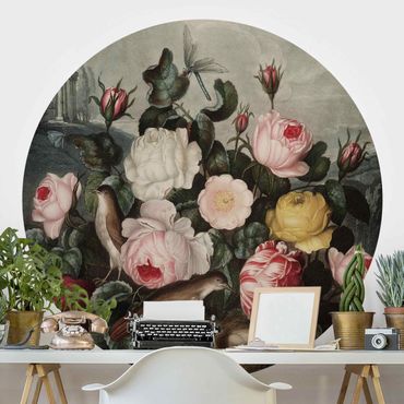 Okrągła tapeta samoprzylepna - Botanika Vintage Ilustracja róż