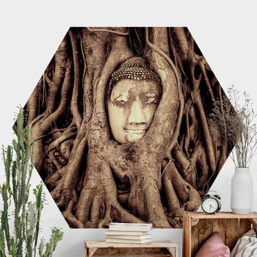 Sześciokątna tapeta samoprzylepna - Budda w Ayutthaya otoczony korzeniami drzew w kolorze brązowym