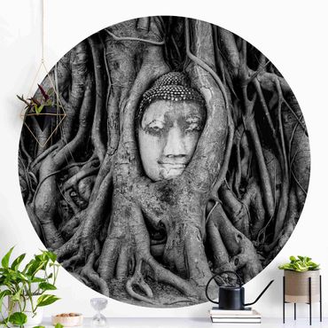 Okrągła tapeta samoprzylepna - Budda w Ayutthaya otoczony korzeniami drzew, czarno-biały