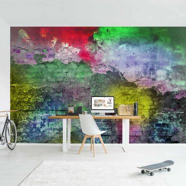 Fototapeta - Kolorowy, pomalowany sprayem stary mur z cegły