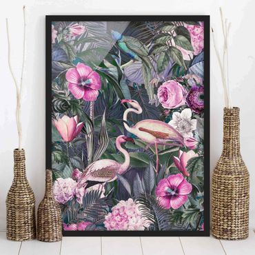Plakat w ramie - Kolorowy kolaż - Różowe flamingi w dżungli