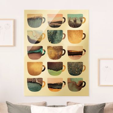 Obraz na szkle - Kolorowe filiżanki do kawy w kolorze złotym