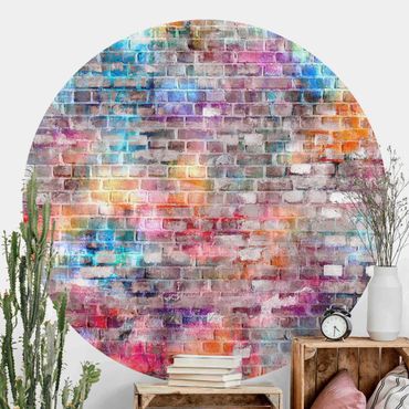 Okrągła tapeta samoprzylepna - Kolorowa ściana z cegły w stylu shabby