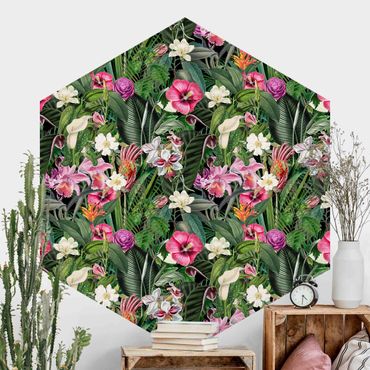 Sześciokątna tapeta samoprzylepna - Kolaż kolorowych kwiatów tropikalnych