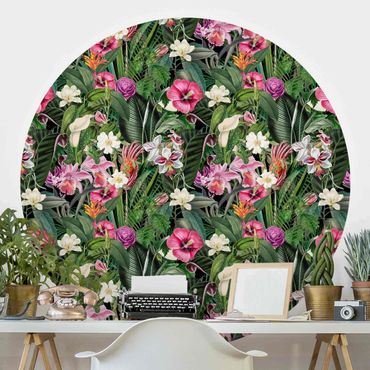 Okrągła tapeta samoprzylepna - Kolaż kolorowych kwiatów tropikalnych