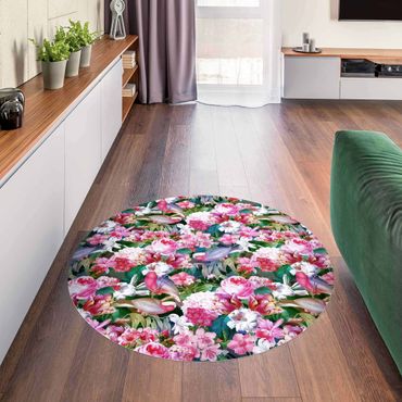 Okrągły dywan winylowy - Kolorowe kwiaty tropikalne z ptakami Różowy