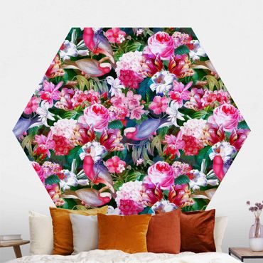 Sześciokątna tapeta samoprzylepna - Kolorowe kwiaty tropikalne z ptakami Różowy