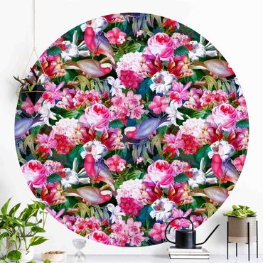 Okrągła tapeta samoprzylepna - Kolorowe kwiaty tropikalne z ptakami Różowy