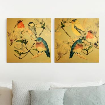 Obraz na płótnie - Zestaw kolorowych ptaków na gałązce magnolii