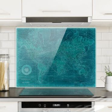 Panel szklany do kuchni - Lazurowa mapa świata w stylu vintage
