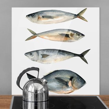 Panel szklany do kuchni - Cztery ryby w akwareli I