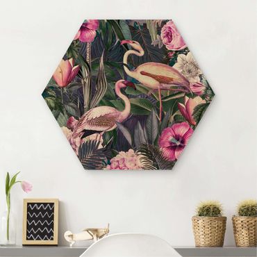 Obraz heksagonalny z drewna - Kolorowy kolaż - Różowe flamingi w dżungli